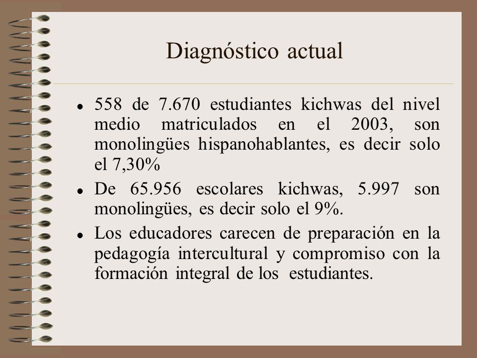 Diagnóstico actual 558 de estudiantes kichwas del nivel medio matriculados en el 2003, son monolingües hispanohablantes, es decir solo el 7,30%