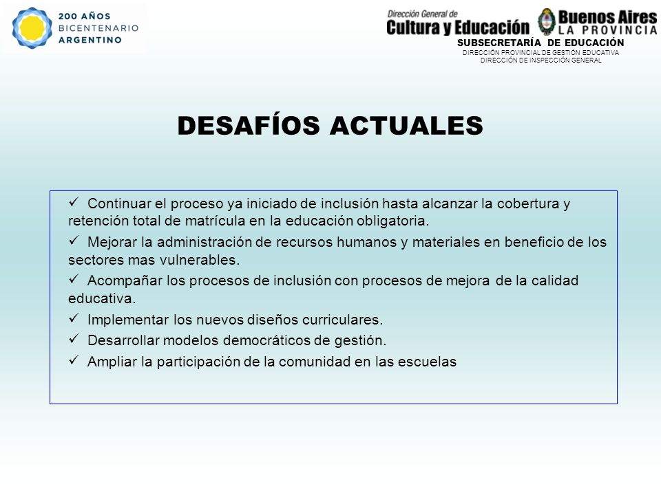 SUBSECRETARÍA DE EDUCACIÓN DIRECCIÓN PROVINCIAL DE GESTIÓN EDUCATIVA DIRECCIÓN DE INSPECCIÓN GENERAL