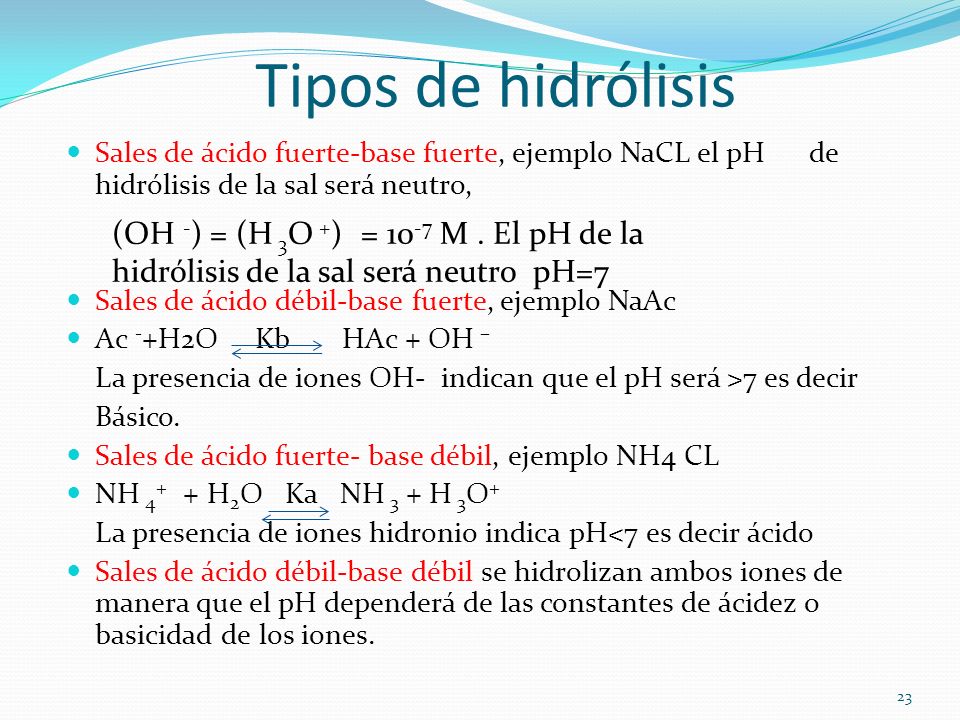 Tipos de hidrólisis Sales de ácido fuerte-base fuerte, ejemplo NaCL el pH de hidrólisis de la sal será neutro,