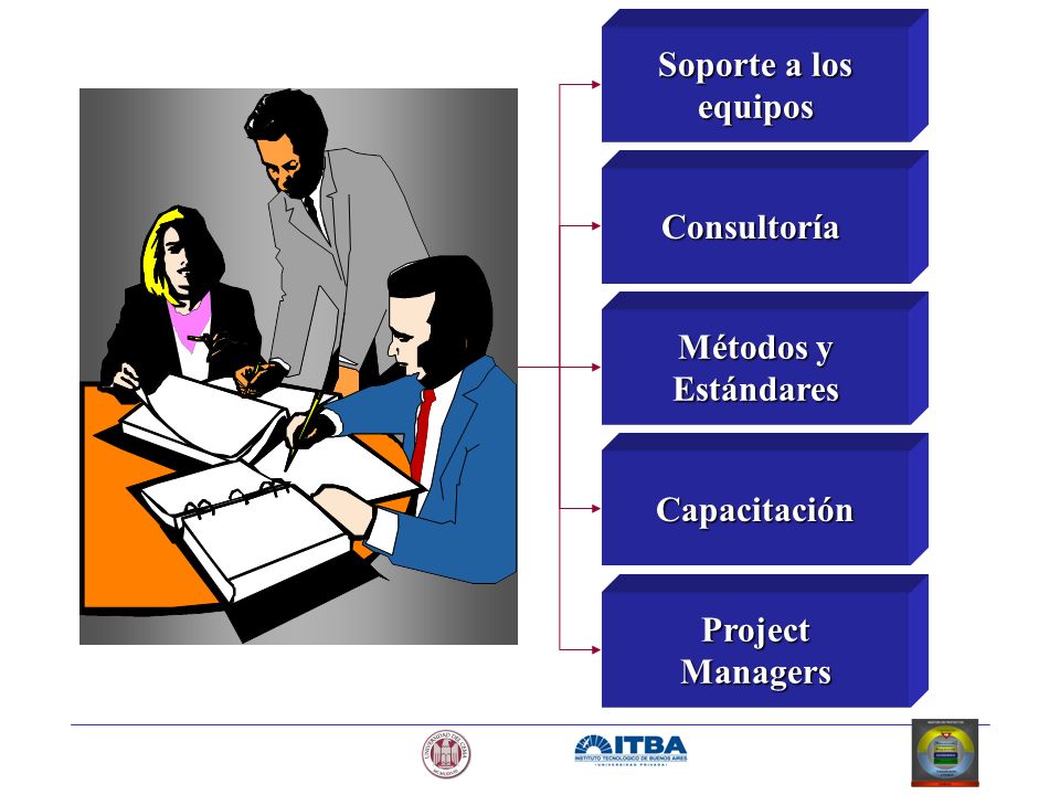 Soporte a los equipos Consultoría Métodos y Estándares Capacitación Project Managers