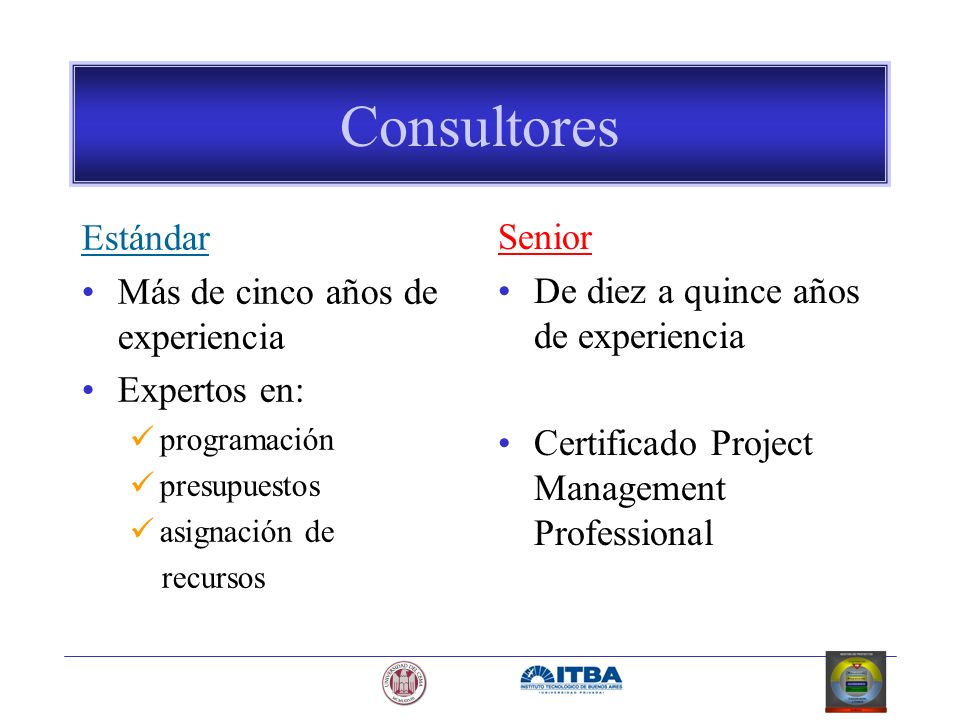 Consultores Estándar Senior Más de cinco años de experiencia