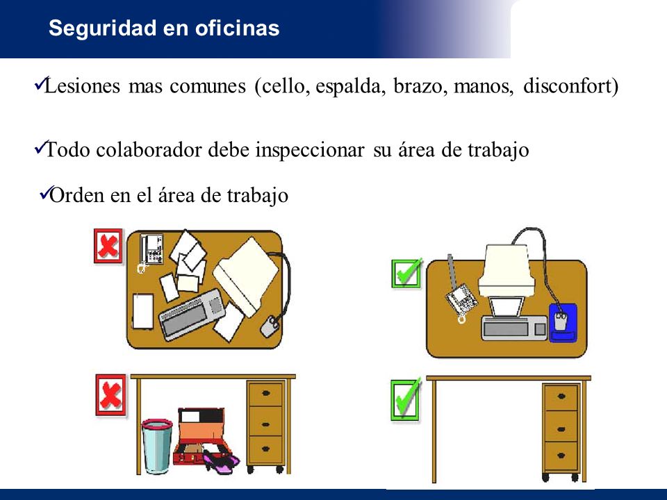 Seguridad en oficinas Lesiones mas comunes (cello, espalda, brazo, manos, disconfort) Todo colaborador debe inspeccionar su área de trabajo.