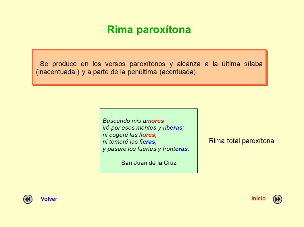 Rima paroxítona Se produce en los versos paroxítonos y alcanza a la última sílaba (inacentuada.) y a parte de la penúltima (acentuada).