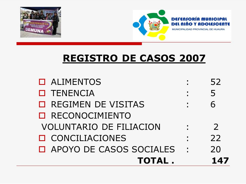 REGISTRO DE CASOS 2007 ALIMENTOS : 52 TENENCIA : 5