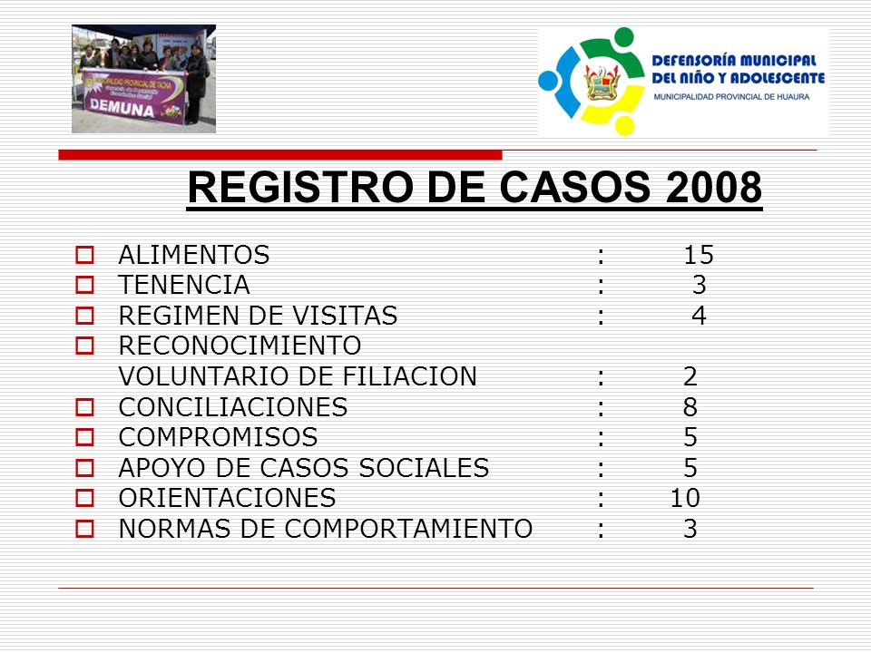 REGISTRO DE CASOS 2008 ALIMENTOS : 15 TENENCIA : 3