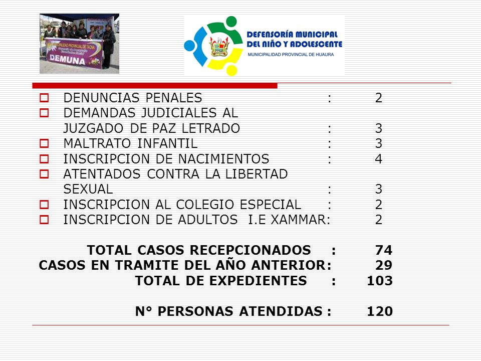 DENUNCIAS PENALES : 2 DEMANDAS JUDICIALES AL. JUZGADO DE PAZ LETRADO : 3. MALTRATO INFANTIL : 3.