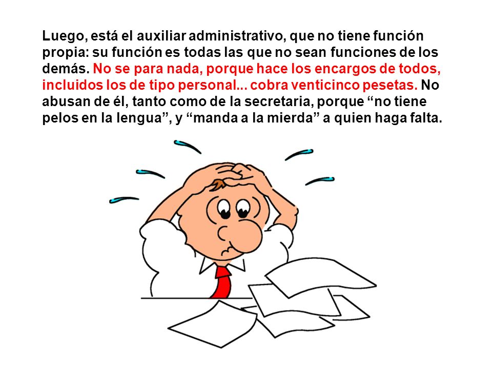 Luego, está el auxiliar administrativo, que no tiene función propia: su función es todas las que no sean funciones de los demás.