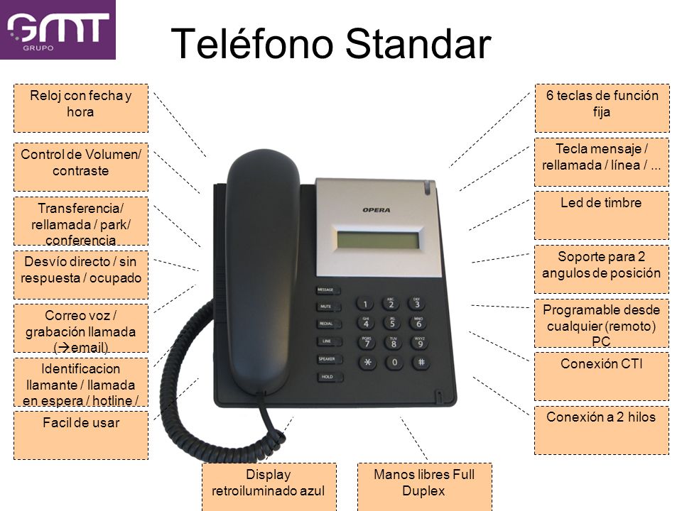 Teléfono Standar Reloj con fecha y hora 6 teclas de función fija