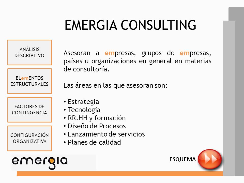 EMERGIA CONSULTING ANÁLISIS DESCRIPTIVO. Asesoran a empresas, grupos de empresas, países u organizaciones en general en materias de consultoría.