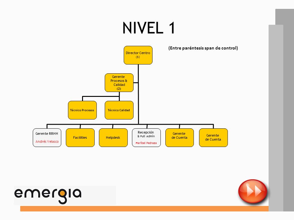 NIVEL 1 (Entre paréntesis span de control) Director Centro (6) Gerente