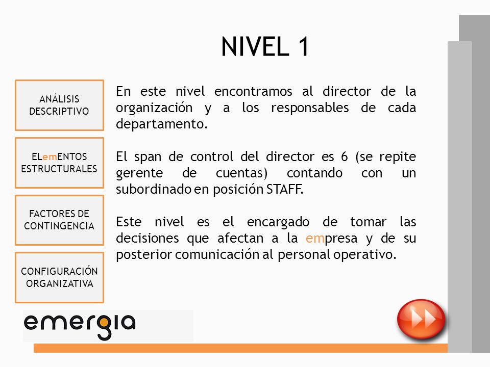 NIVEL 1 ANÁLISIS DESCRIPTIVO. En este nivel encontramos al director de la organización y a los responsables de cada departamento.