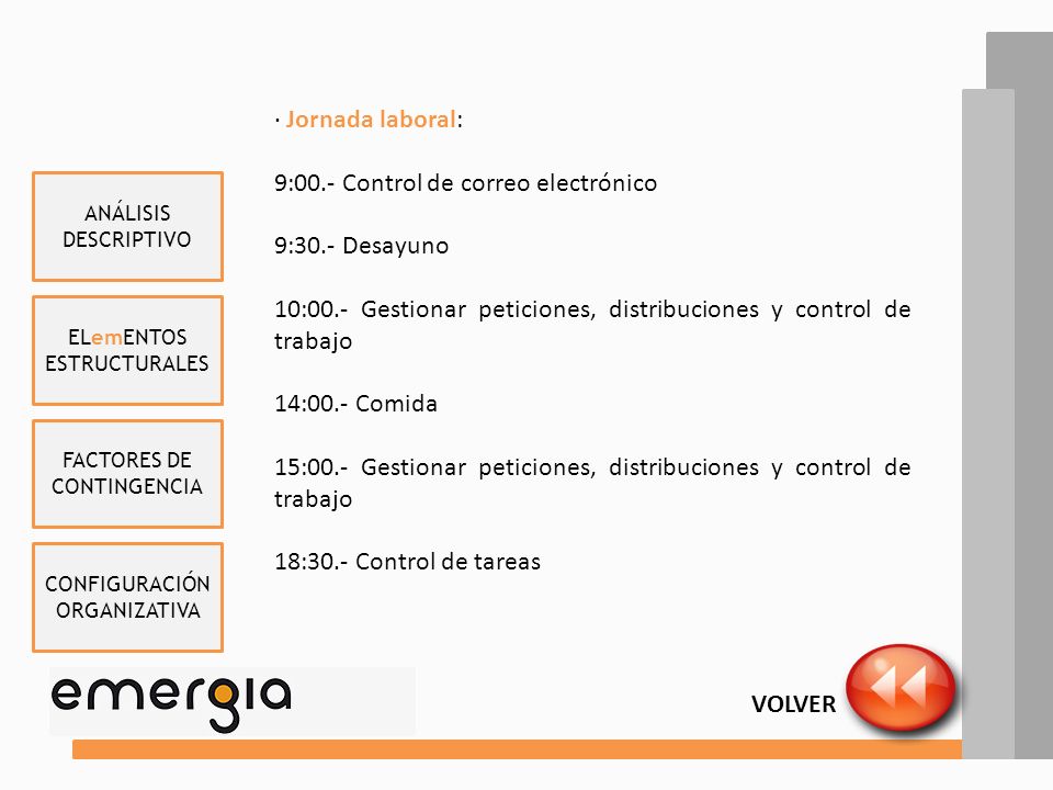 9:00.- Control de correo electrónico 9:30.- Desayuno