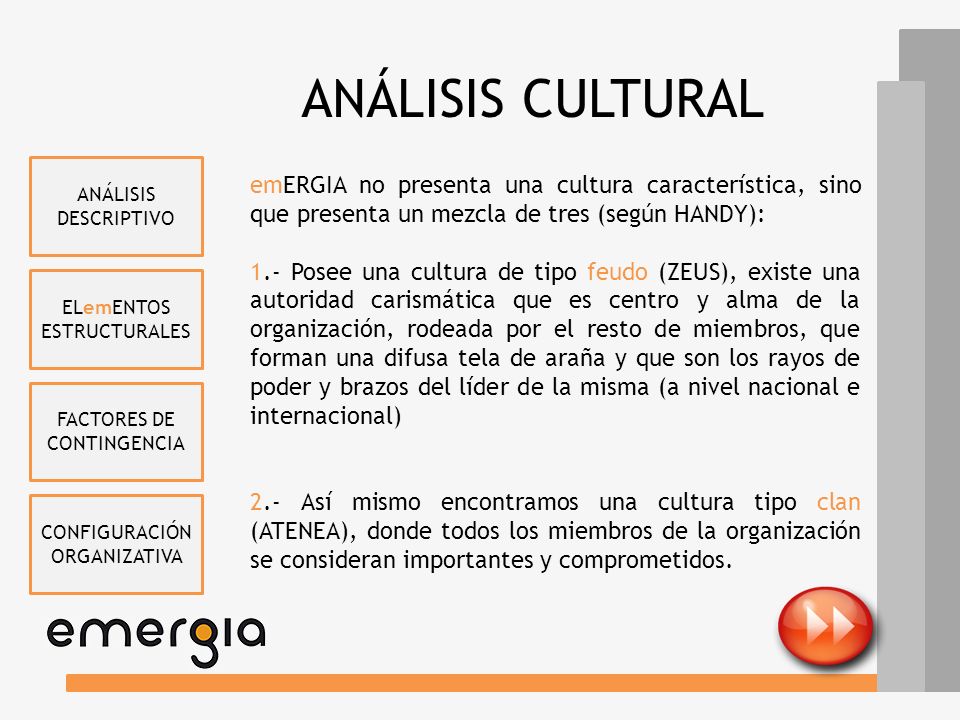 ANÁLISIS CULTURAL ANÁLISIS DESCRIPTIVO. emERGIA no presenta una cultura característica, sino que presenta un mezcla de tres (según HANDY):