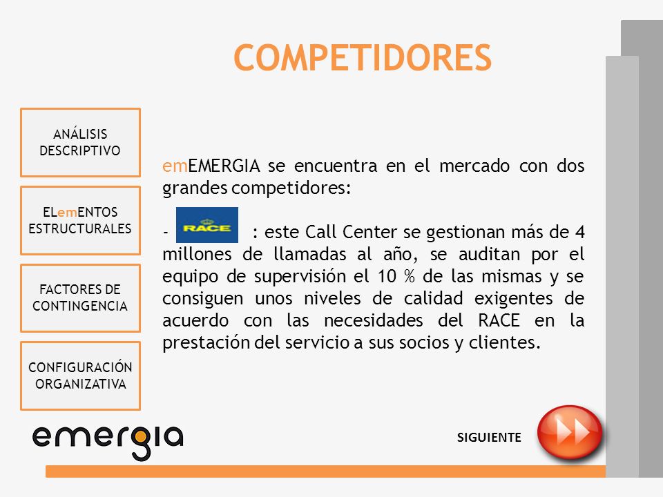COMPETIDORES ANÁLISIS DESCRIPTIVO. emEMERGIA se encuentra en el mercado con dos grandes competidores: