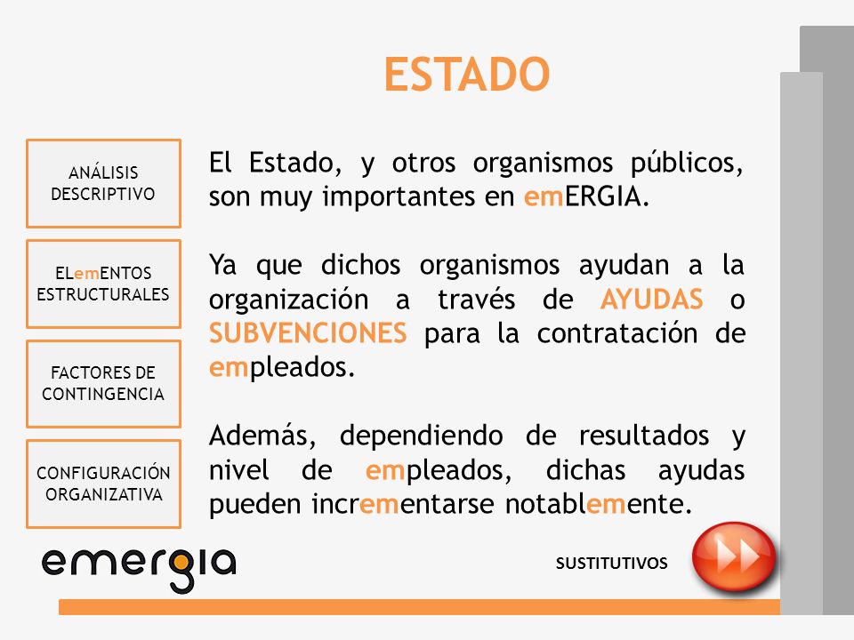 ESTADO ANÁLISIS DESCRIPTIVO. El Estado, y otros organismos públicos, son muy importantes en emERGIA.