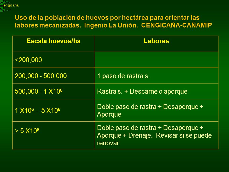 Uso de la población de huevos por hectárea para orientar las labores mecanizadas. Ingenio La Unión. CENGICAÑA-CAÑAMIP