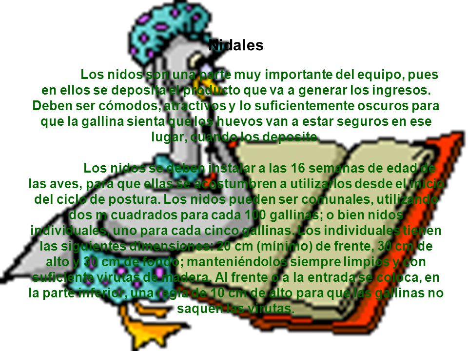 Nidales Los nidos son una parte muy importante del equipo, pues en ellos se deposita el producto que va a generar los ingresos.