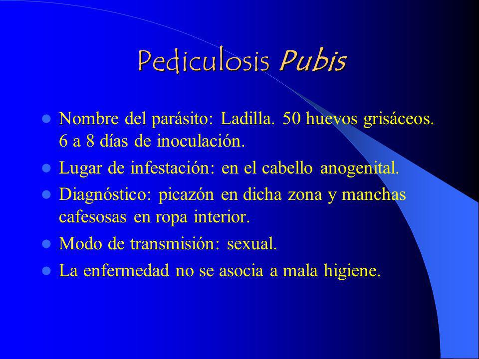 Pediculosis Pubis Nombre del parásito: Ladilla. 50 huevos grisáceos. 6 a 8 días de inoculación. Lugar de infestación: en el cabello anogenital.