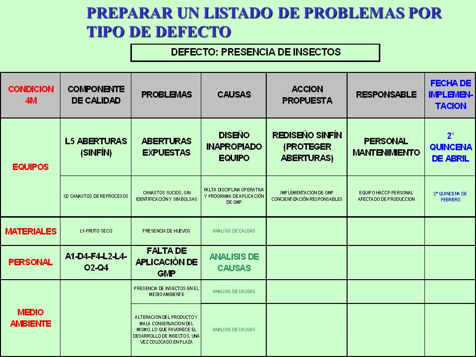 PREPARAR UN LISTADO DE PROBLEMAS POR TIPO DE DEFECTO