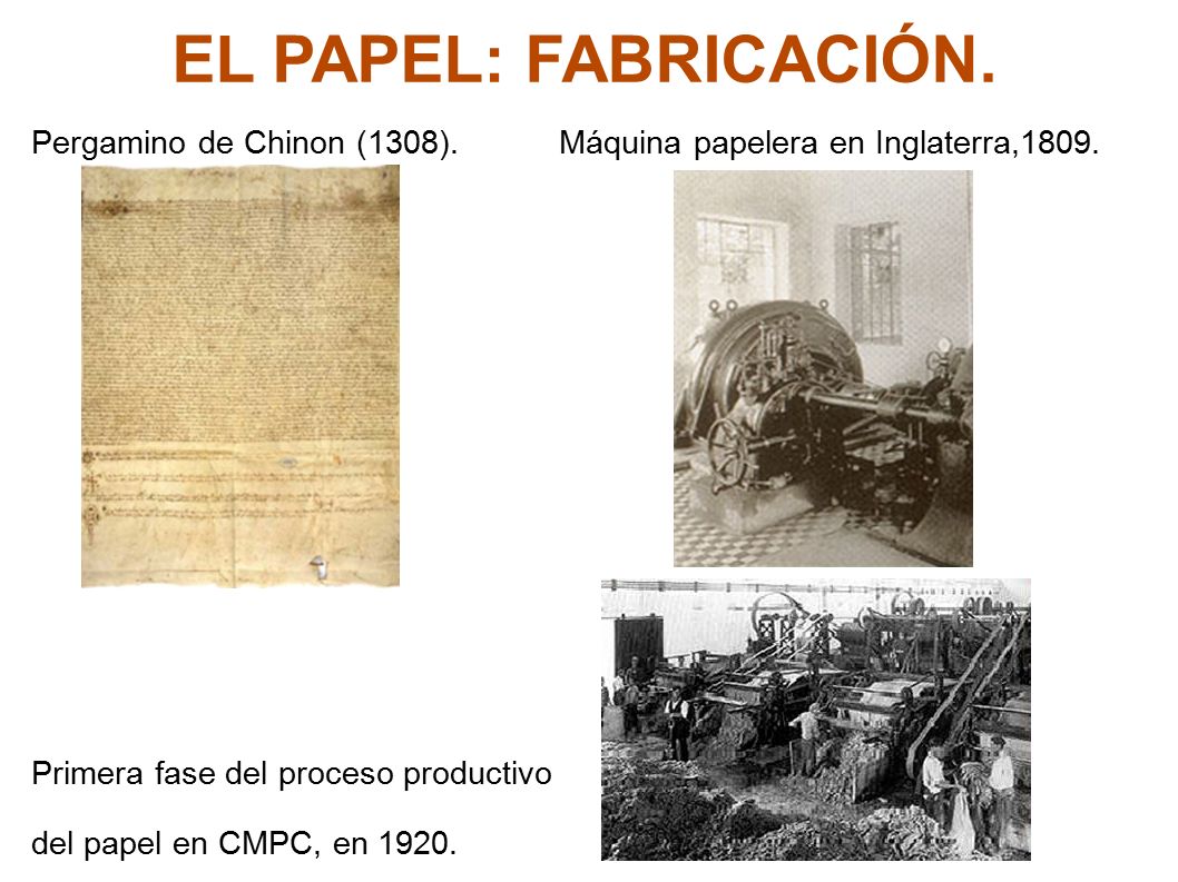 EL PAPEL: FABRICACIÓN. Pergamino de Chinon (1308). Máquina papelera en Inglaterra,1809.