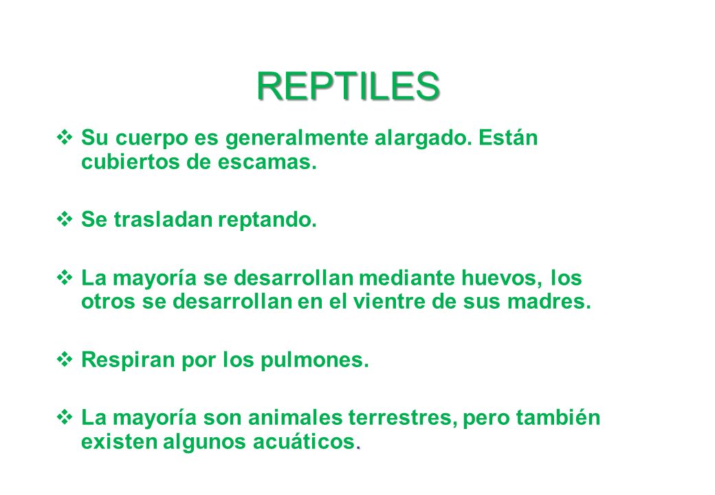 REPTILES Su cuerpo es generalmente alargado. Están cubiertos de escamas. Se trasladan reptando.