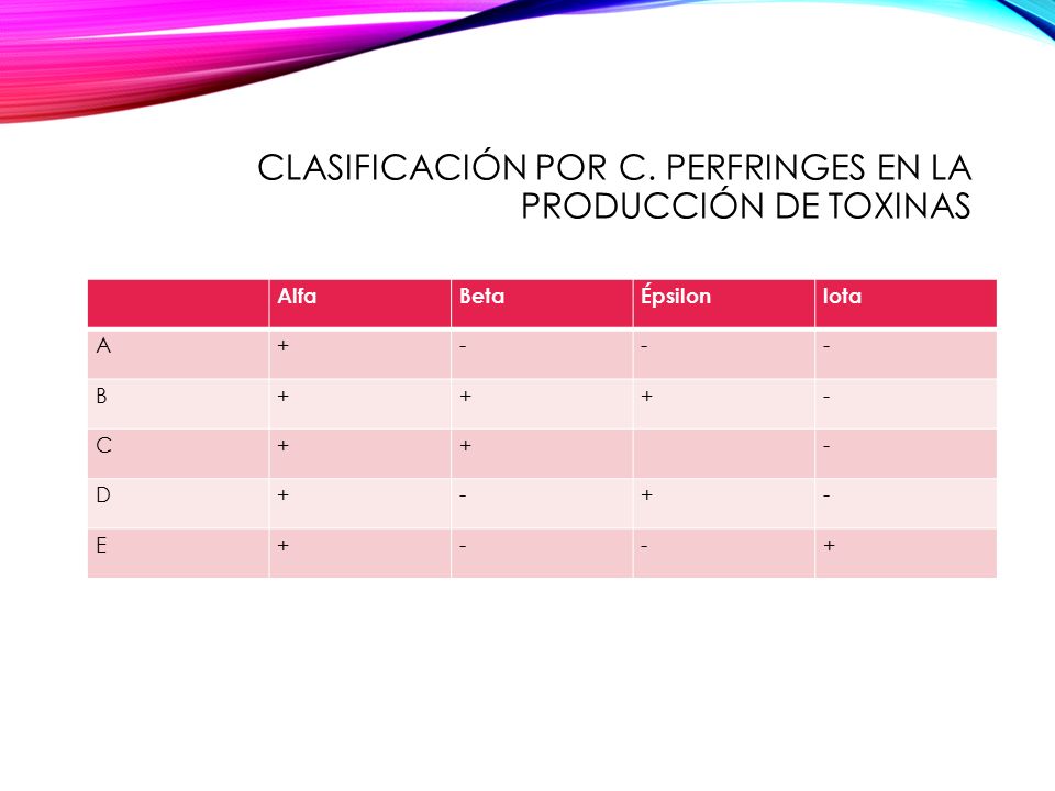Clasificación por C. perfringes en la producción de toxinas