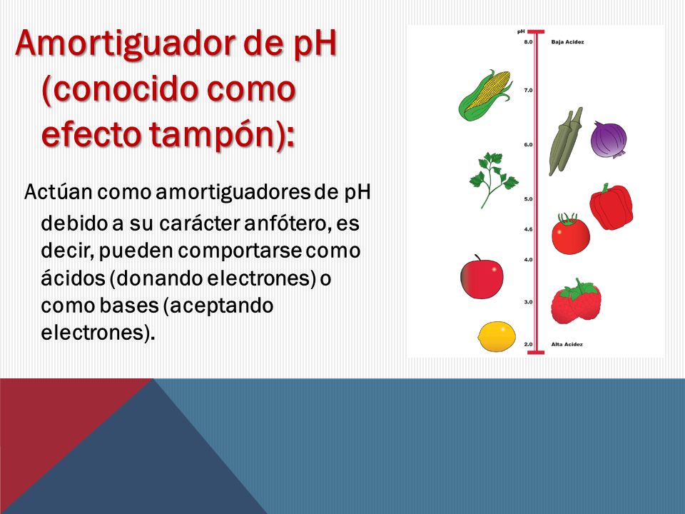 Amortiguador de pH (conocido como efecto tampón): Actúan como amortiguadores de pH debido a su carácter anfótero, es decir, pueden comportarse como ácidos (donando electrones) o como bases (aceptando electrones).