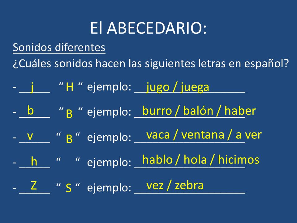 El ABECEDARIO: j H jugo / juega b burro / balón / haber B v