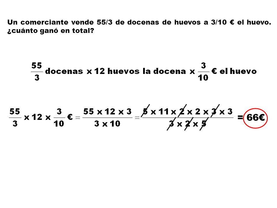 Un comerciante vende 55/3 de docenas de huevos a 3/10 € el huevo