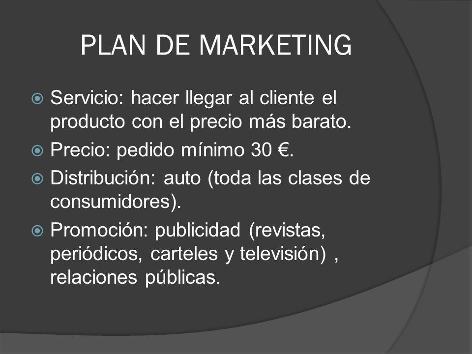 PLAN DE MARKETING Servicio: hacer llegar al cliente el producto con el precio más barato. Precio: pedido mínimo 30 €.