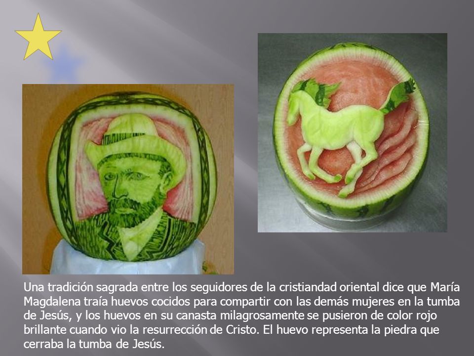 Una tradición sagrada entre los seguidores de la cristiandad oriental dice que María Magdalena traía huevos cocidos para compartir con las demás mujeres en la tumba de Jesús, y los huevos en su canasta milagrosamente se pusieron de color rojo brillante cuando vio la resurrección de Cristo.