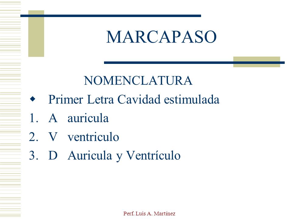 MARCAPASO NOMENCLATURA Primer Letra Cavidad estimulada A auricula
