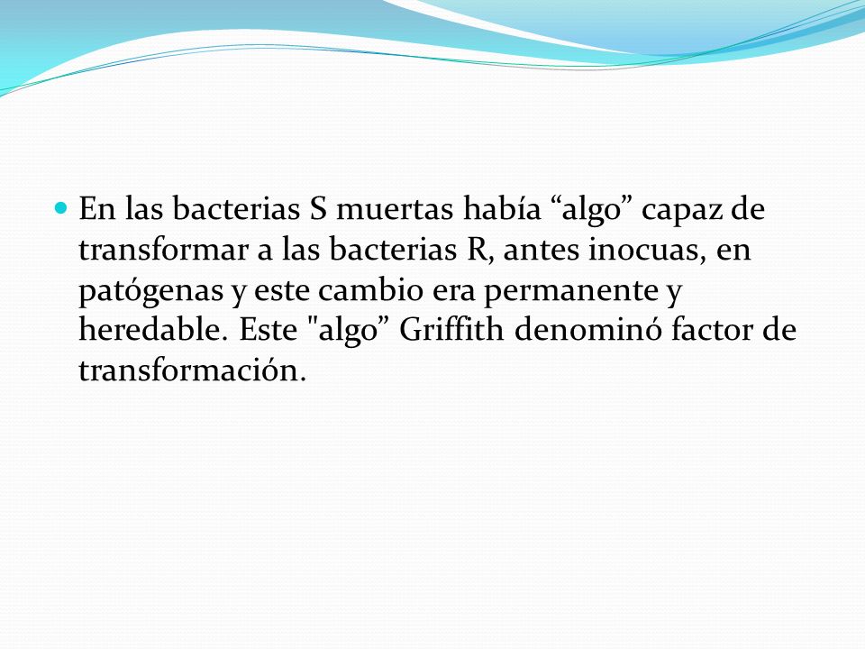 En las bacterias S muertas había algo capaz de transformar a las bacterias R, antes inocuas, en patógenas y este cambio era permanente y heredable.
