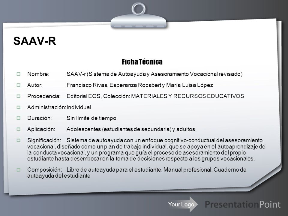 SAAV-R Ficha Técnica. Nombre: SAAV-r (Sistema de Autoayuda y Asesoramiento Vocacional revisado)