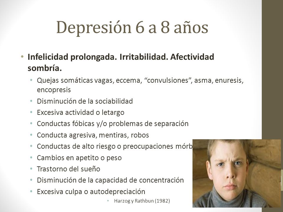 Depresión 6 a 8 años Infelicidad prolongada. Irritabilidad. Afectividad sombría.