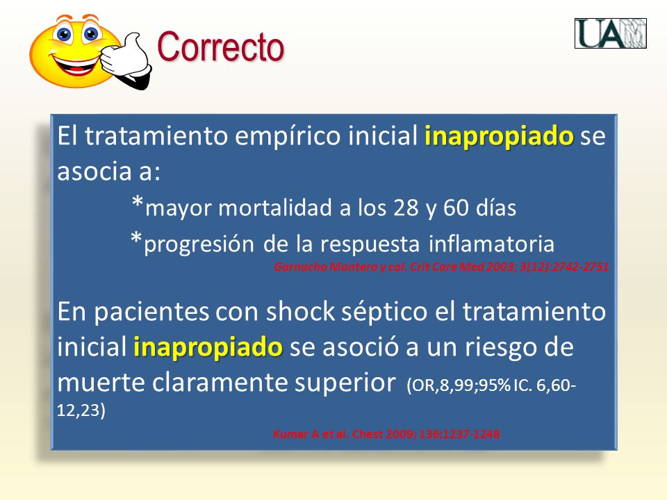 Correcto El tratamiento empírico inicial inapropiado se asocia a: *mayor mortalidad a los 28 y 60 días.
