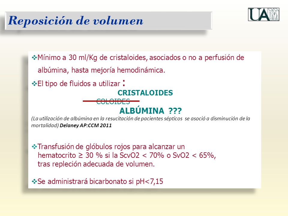 Reposición de volumen Mínimo a 30 ml/Kg de cristaloides, asociados o no a perfusión de. albúmina, hasta mejoría hemodinámica.