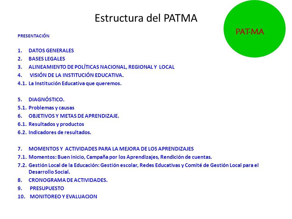 Estructura del PATMA PAT-MA DATOS GENERALES BASES LEGALES