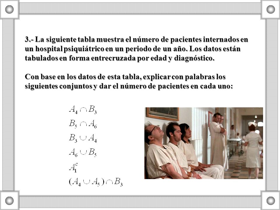 3.- La siguiente tabla muestra el número de pacientes internados en un hospital psiquiátrico en un periodo de un año. Los datos están tabulados en forma entrecruzada por edad y diagnóstico.