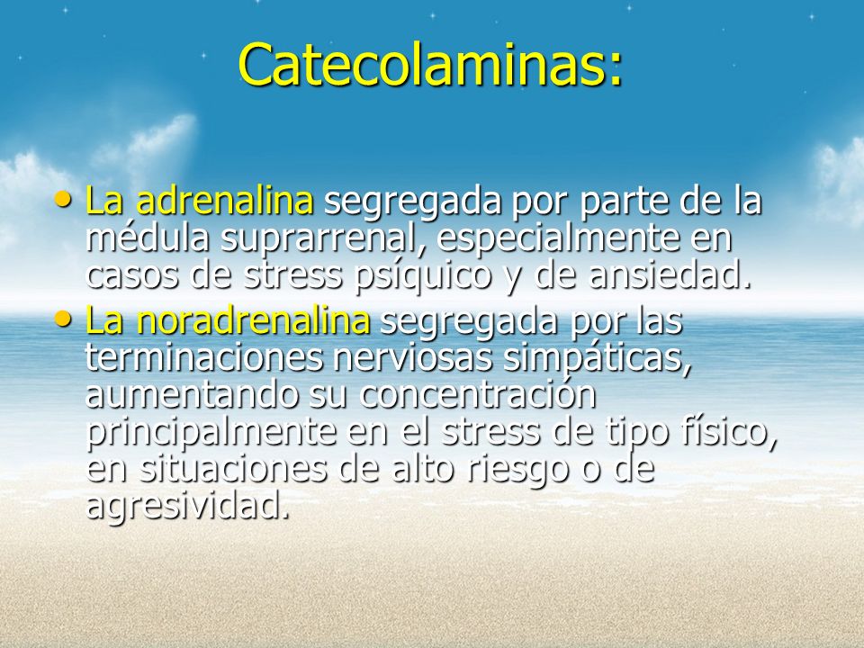 Catecolaminas: La adrenalina segregada por parte de la médula suprarrenal, especialmente en casos de stress psíquico y de ansiedad.