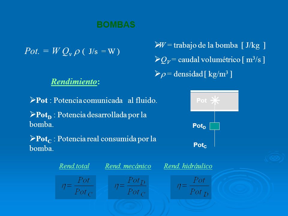  Pot. = W Qv  ( J/s = W ) BOMBAS Rendimiento: