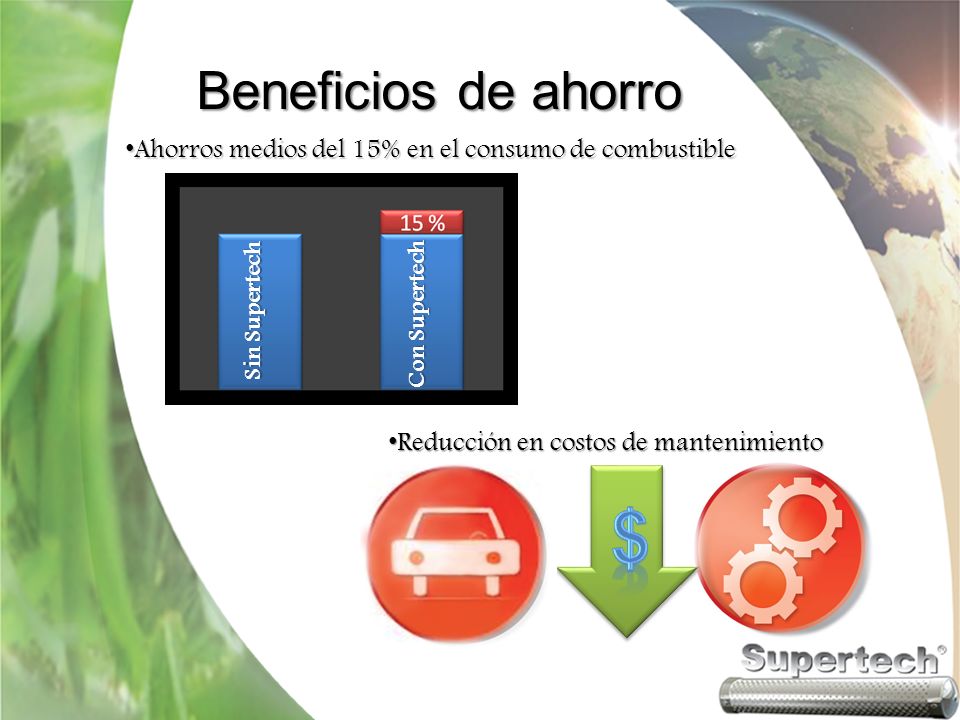 Beneficios de ahorro Ahorros medios del 15% en el consumo de combustible. Sin Supertech. Con Supertech.