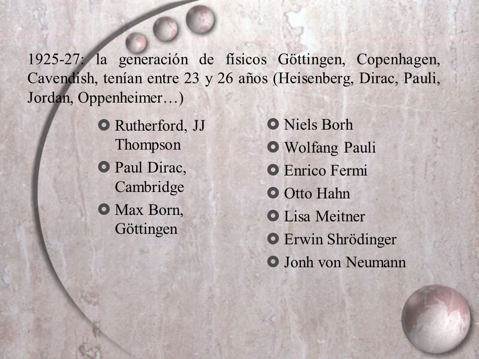 : la generación de físicos Göttingen, Copenhagen, Cavendish, tenían entre 23 y 26 años (Heisenberg, Dirac, Pauli, Jordan, Oppenheimer…)