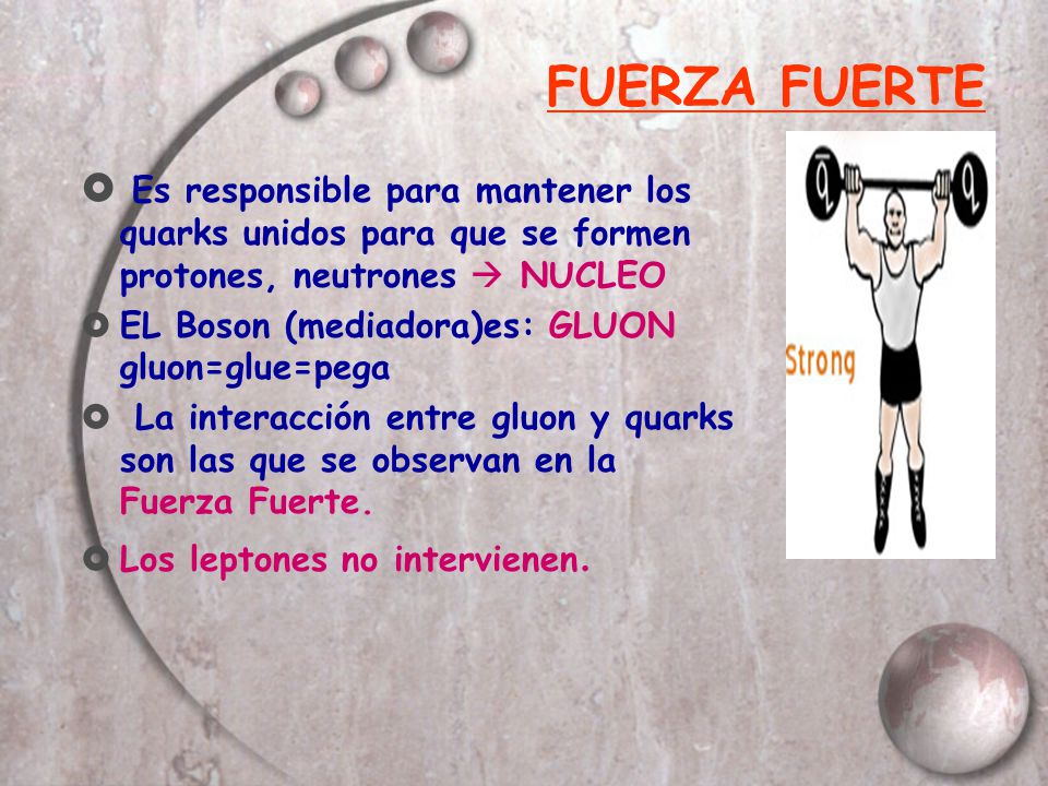 FUERZA FUERTE Es responsible para mantener los quarks unidos para que se formen protones, neutrones  NUCLEO.