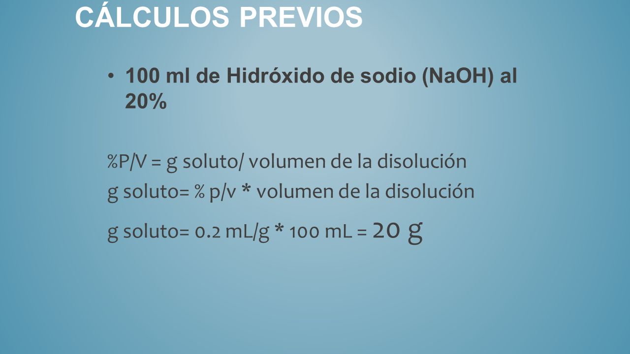 Cálculos previos 100 ml de Hidróxido de sodio (NaOH) al 20%