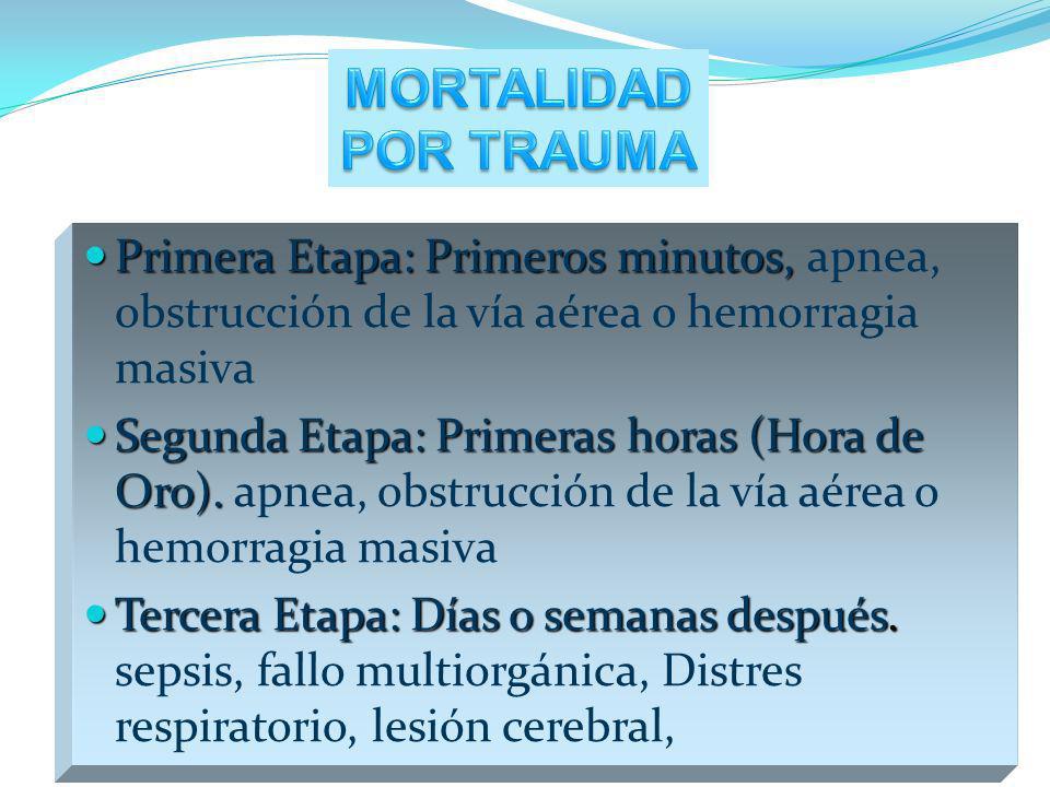 MORTALIDAD POR TRAUMA. Primera Etapa: Primeros minutos, apnea, obstrucción de la vía aérea o hemorragia masiva.
