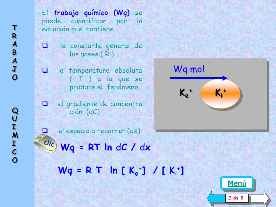 Ke+ Ki+ Wq mol Wq = RT ln dC / dx Wq = R T ln [ Ke+] / [ Ki+]