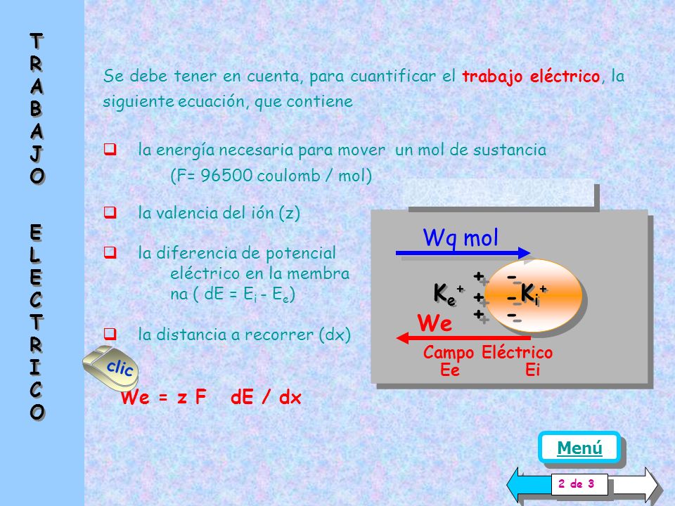 Ke+ Ki+ + - Wq mol We TRABAJO ELECTRICO We = z F dE / dx