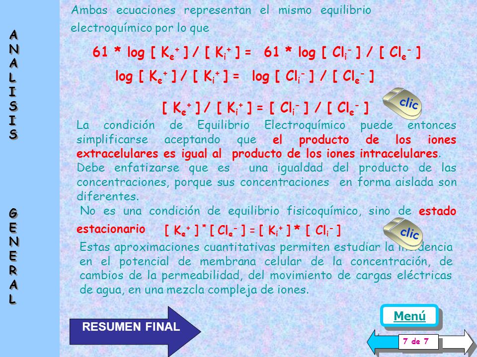 61 * log [ Ke+ ] / [ Ki+ ] = 61 * log [ Cli- ] / [ Cle- ]
