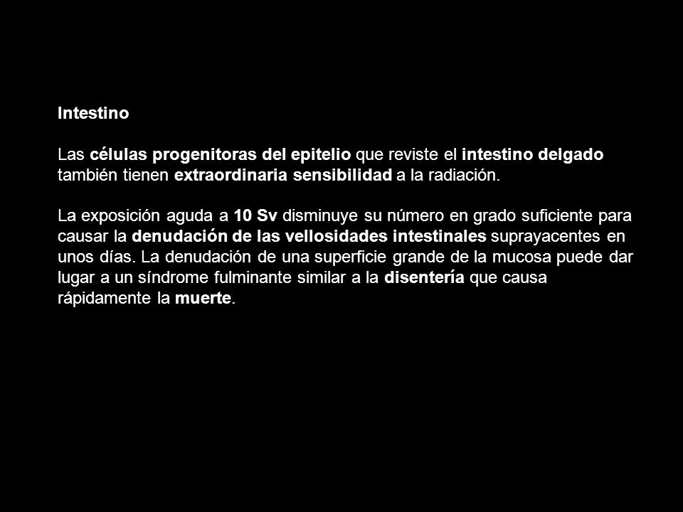 Intestino Las células progenitoras del epitelio que reviste el intestino delgado. también tienen extraordinaria sensibilidad a la radiación.